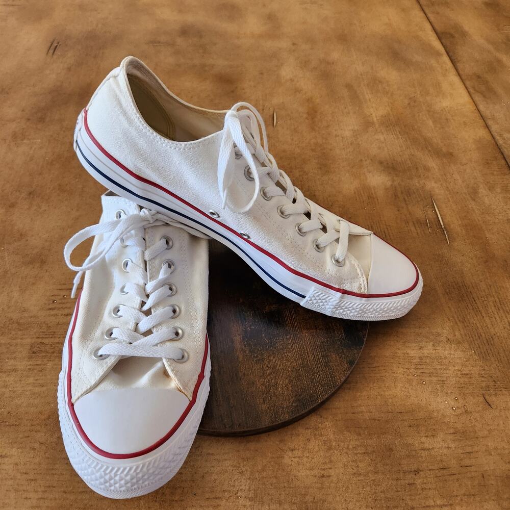 Converse All Star Low Top Sneakers M12 W14 White Canvas Red Trim Classic Retro